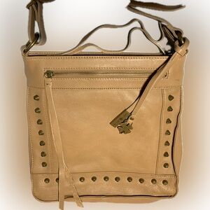 LUCKY BRAND Leather Studded Hippie Crossbody Shoulder Handbag Gold or Dark Tan